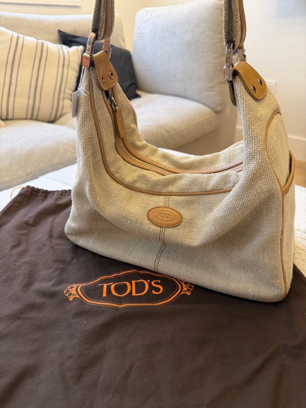 TOD'S Beige Canvas Shoulder Bag with Tan Leather Trim
